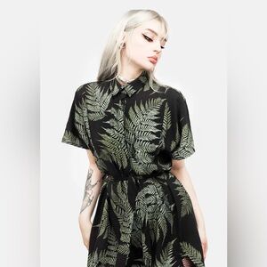 Disturbia Black and Green Fern Midi Shirt Dress with Belt and Slit Button Front